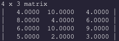 4 by 3 matrix of elements between 0 and 10